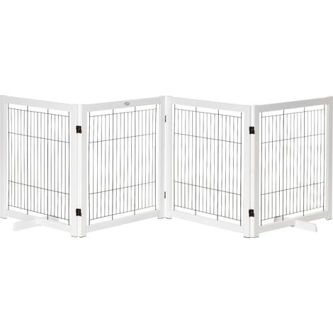 Absperrgitter Hund Freistehendes Schutzgitter mit Füßen 305 x 82 cm Holz Hundegitter Klappbar Treppenschutzgitter Hundeabsperrgitter für Treppen, Türen, Flur, 4 Paneelen, Weiß