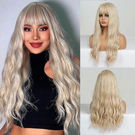 Perruque EASIHAIR longue châtain foncé avec frange, effet ondulé, synthétique résistante à la chaleur, pour femmes afro-américaines.