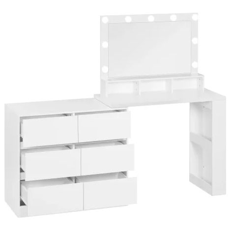 Coiffeuse LED modulable 90cm avec meuble latéral 6 tiroirs rangement