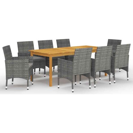 Ensemble repas de jardin 9 pièces en acacia et résine tressée gris, 1 table et 8 chaises - PANGIVO (1/5)