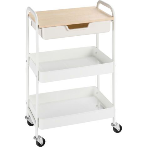 BUNTHAUS Desserte de cuisine chariot de service 2 étagères tiroir plateau aspect bois clair acier PP blanc