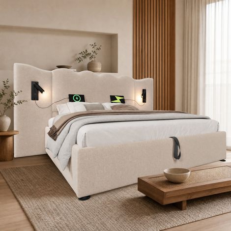 Lit 180x200 cm en lin beige, rangement hydraulique, éclairage, gain de place, sans matelas – MEUBLIV (1/5)