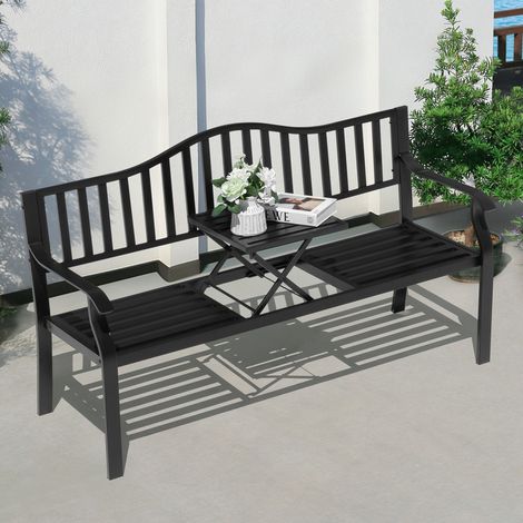 Avestar Gartenbank, Outdoor Terrassenbank, E-beschichteter Metallrahmen Terrassenparkbank mit integriertem kleinen Tisch, Schwarz