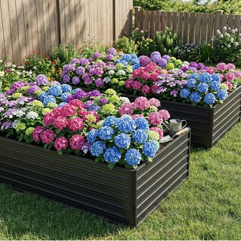 Carré potager surélevé 219x112x64 cm noir en métal avec fond ouvert et montage sans outil (1/4)