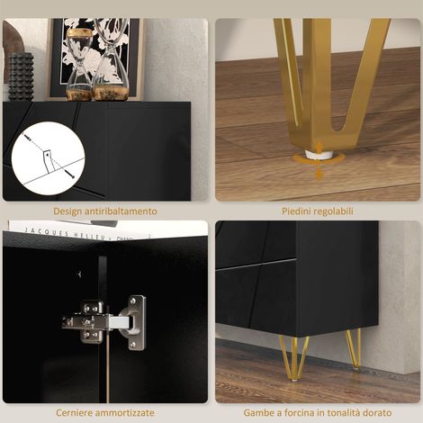 Armoire sur roulettes, 2 compartiments et étagère ajustable, en métal et panneau de particules, noir et or, 120x40x75 cm. (1/5)
