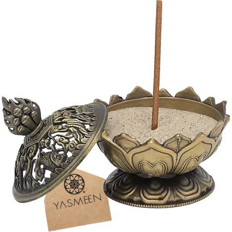 Bruciatore di incenso Yasmeen Lotus in metallo con chiusura di sicurezza - Marrone
