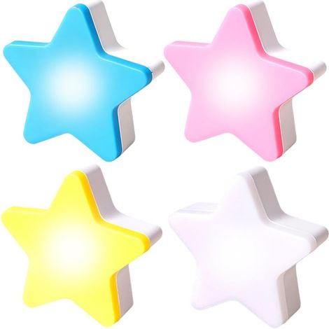 Lot de 4 veilleuses LED avec capteur crépusculaire, prise murale LED, lumière d'orientation pour chambre d'enfant, escalier, couloir, cuisine, chambre à coucher (étoile), [Classe énergétique A] (1/5)