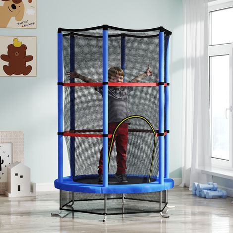 Tapis Élastique pour Enfants 3-6 Ans avec Réseau de Protection, 6 Colonnes et 3 Entrées, Ø140x190 cm, Bleu et Noir