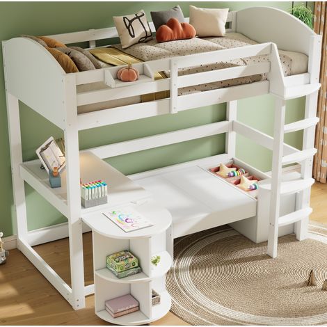 Kinder-Hochbett 90x200 cm aus Massivholz Weiß mit Leiter, ausziehbarem Schreibtisch, Stauraumsofa und Regalen (1/5)