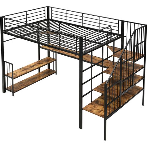 Cama alta de metal y MDF 120x200 cm con escalera lateral y enchufes (1/5)