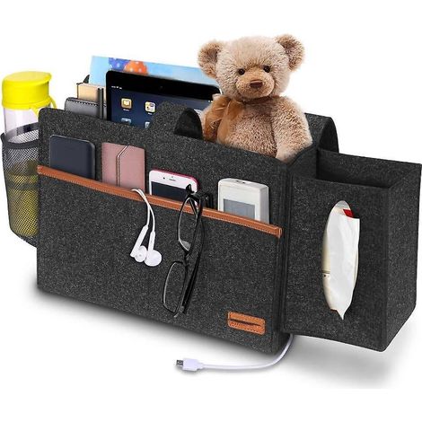 organiseur De Chevet - Gris Argent (organiseur Uniquement) ,112030cm, Organisateur De Chevet Avec Bote Mouchoirs Pour Tlcommandes, Tablettes, (1/5)