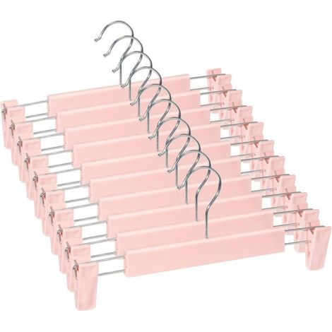 Set of 10 hangers for skirts and trousers with 2 adjustable non-slip clips for hanging trousers, socks, and skirts, pink (1/5)