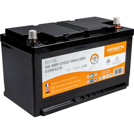 Batterie Gel Deep Cycle 105Ah – Technologie GEL – Autodécharge < 3%/mois – Dimensions 335x170x195mm – Pour applications stables – Antarion