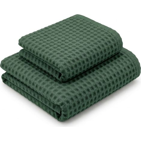 Serviettes en nid d'abeille 100 % coton 330 g/m² Fabriquées en Italie – Ensemble 2 pièces (60x110 + 40x60) Tex Family – Vert