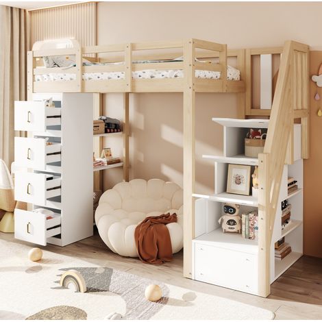 Hochbett mit Schubladen 90x200 cm Naturholz OKMYHOME (1/5)