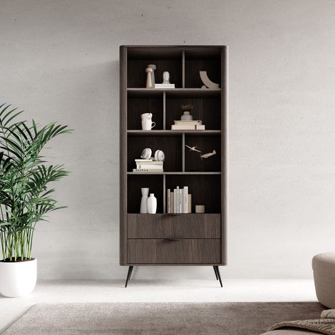Biblioteca Kada, Librero 2 Cajones, 4 Estantes, con Patas, 88x38x194h cm Marrón Nogal (1/5)