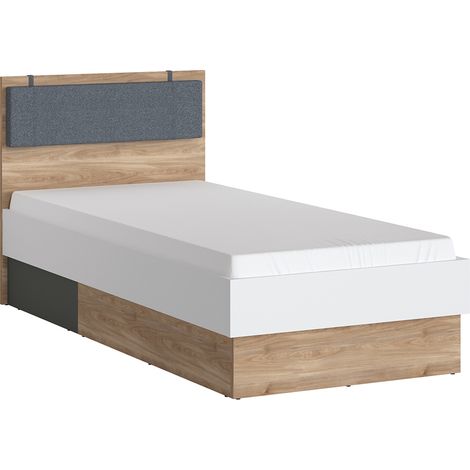 Jugendbett 90 cm mit dunkelgrauem Kopfteilpolster, Eiche Nb. mit weiß und grau TOMAR-129, B/H/T ca. 95,3/95,5/204,9 cm (1/5)