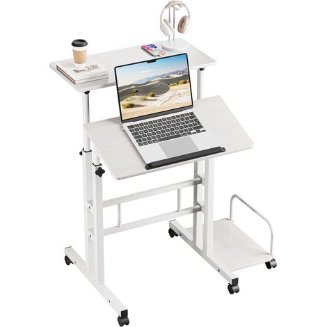 Dripex Bureau Debout réglable en Hauteur 60 x 60 cm avec 4 roulettes, pour Ordinateur Portable, Plateau inclinable, pour la Maison, Le Bureau, Blanc (1/5)