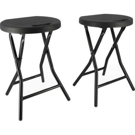 Tabourets pliants x2 - Ht 46cm - Tabouret pliable de Jardin, Terrasse, Balcon - Noir - Siège résine Structure Acier - Poignée (1/5)