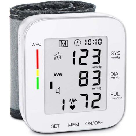 Tensiomètre de poignet avec grand écran LCD, brassard réglable (5,31-7,68 pouces), mesure automatique, 99 (2) réglages de mémoire et un étui de transport convient à une utilisation à domicile.