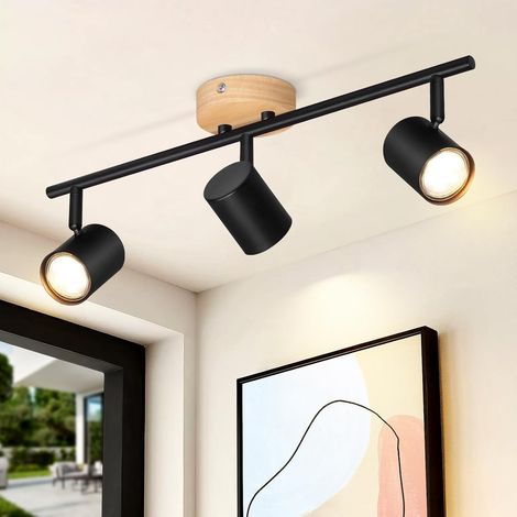 ZMH Plafonnier 3 Spot GU10 - Noir Moderne Bois Orientable 350° Lampe de Salon pour Chambre Couloir Cuisine MAX.25W - Sans ampoule (1/5)