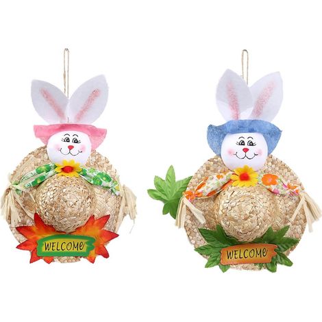 Corona de conejito de Pascua de paja simulada, decoración de pared duradera para puerta principal, ventana y fiesta. (1/5)