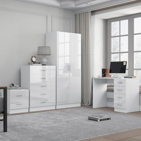 Reflect 2 Door Plain Wardrobe, 5 Drawer Chest, 2 Drawer Bedside & Desk - White Gloss & Matt White - Modern Bedroom Furniture Set