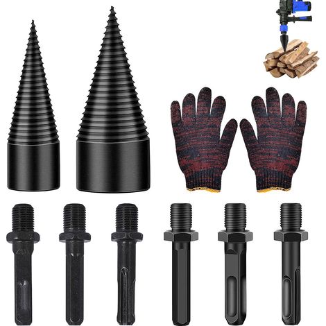 9-teiliges Holzspalter-Set, inkl. 32mm/42mm konische Bits für Bohrer, 6 konische Schrauben, Brennholzspalter, Brennholzspalter für Gärtner und Holzfäller (1/5)