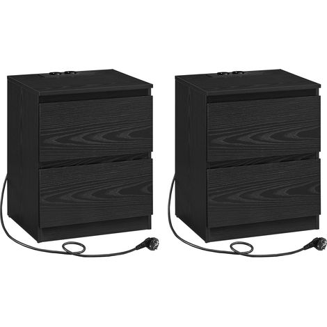 Vasagle – Lot de 2 tables de chevet noires boisées – Multiprise intégrée avec 2 prises CA, 1 USB, 1 USB-C – 2 tiroirs spacieux – Design moderne