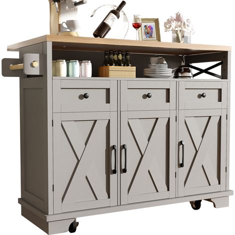 Îlot de cuisine gris avec plateau relevable 118x43-80x98 cm, rangements multifonctions, 3 tiroirs, roues verrouillables et table d’appoint rabattable - CHICFURN (1/5)