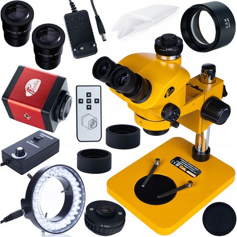 Microscopio trinocular de 7-50脳 102 mm con c谩mara FullHD HDMI/VGA + lente Barlow de 0,5脳 + iluminador LED de 56x  Kit profesional para inspecci贸n y soldadura de componentes electr贸nicos