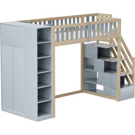 Cama alta multifuncional 90 x 200 cm con armario, estanterías y escalera de almacenaje (1/5)