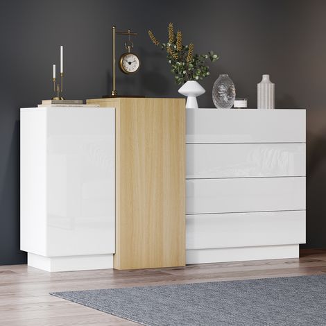 Credenza e Madia Moderna, con 2 Ante e 4 Cassetti, Apertura a Pressione, 140 × 35 × 76.5 cm, per Soggiorno, MDF, Bianco (1/5)