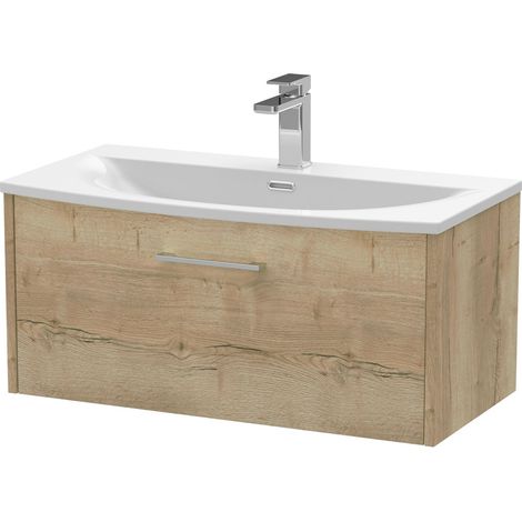 Winshill Contemporary 1 Drawer Wall Hung Vanity Unit with Curved Basin, Light Oak, 800mm