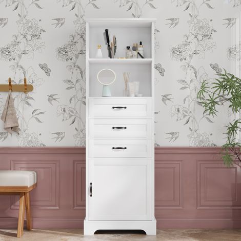 Meuble de salle de bain blanc 56 x 25,6 x 167 cm avec 3 tiroirs, étagères réglables HAVRYA (1/5)