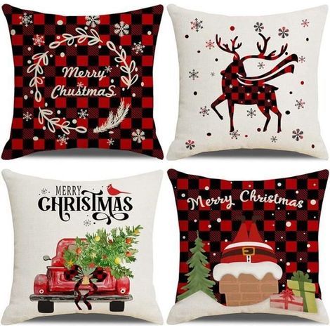 Christmas Linen Cushion Covers - Set of 4 - Santa, Tree, Red, Black & Plaid Patterns - 45 x 45 cm (1/4)