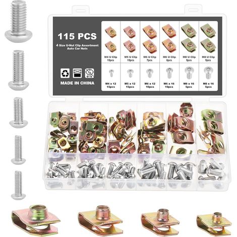 115 Pcs U Clips Et Des Vis Kit,Universal Metal U-Nuts,Agrafes Carrosserie,Clip de Fixation en Métal en Forme de U, Vis de Carrosserie pour Ailes de Voitures (1/5)
