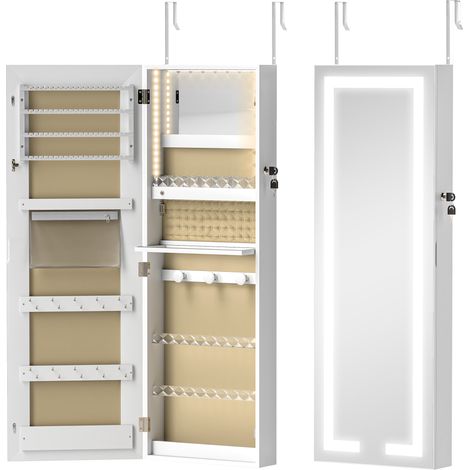 Armoire à bijoux avec éclairage LED, organisateur de bijoux mural/de porte verrouillable avec miroir, 37 x 10,5 x 108 cm, blanc (1/5)