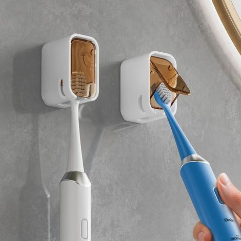 Zahnbürstenhalter für Badezimmer. 2 Wand-Zahnbürstenhalter mit Duschabdeckung und separatem Zahnbürstenverteiler, braun (1/5)