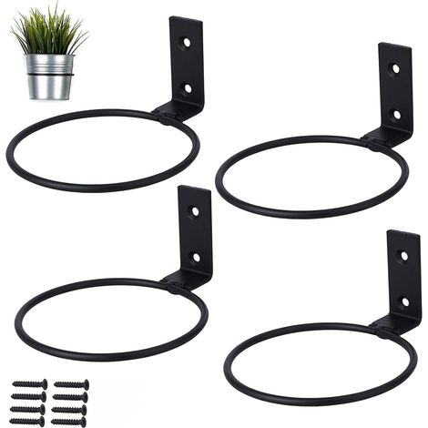 4 soportes de pared para macetas, soportes metálicos con tornillos, anillos para macetas, para terraza, balcón y jardín (11 cm, negro)