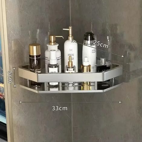 Étagère de rangement murale d'angle en aluminium (argent, 1 couche) en forme de losange pour salle de bain, lavabo et WC. Fixation sans perçage. (1/5)