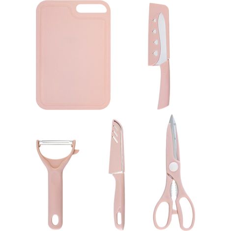 Couteau - Planche À Découper - Ciseaux De Cuisine - Ensemble De Couverts De Préparation Alimentaire En Acier Inoxydable - Rose - Lot De 1