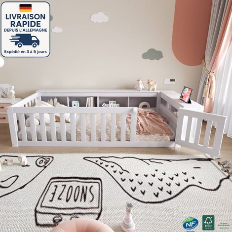 Lit enfant 90 x 200 cm - Avec sommier et barrières - scandinave - Bois Certifié PEFC - Compartiments de rangement intégrés à côté du lit - Blanc (1/5)
