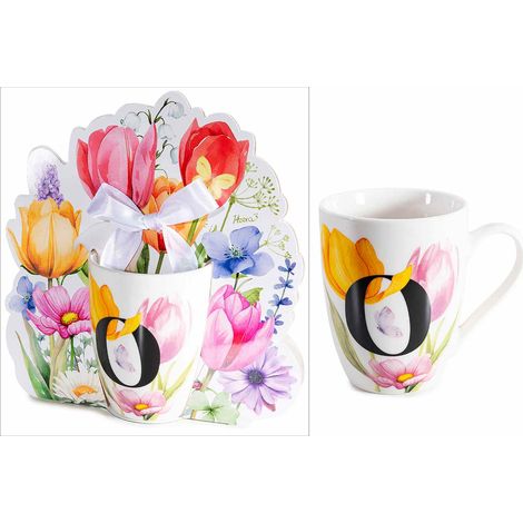 Mugs en porcelaine imprimé floral et initiale O, coffret cadeau façonné avec nœud, lot de 3, Mug : diam. 8 x H. 10,5 cm