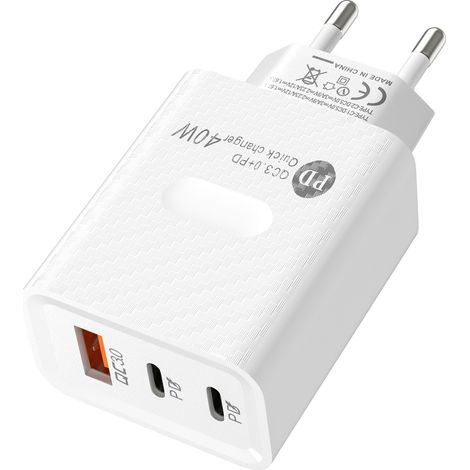 Chargeur rapide 40 W double PD + USB 6D en fibre de carbone Type-CBlanc (1/5)