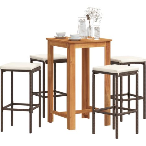 5-tlg. Gartenbar-Set Braun Massivholz Akazie und Poly Rattan