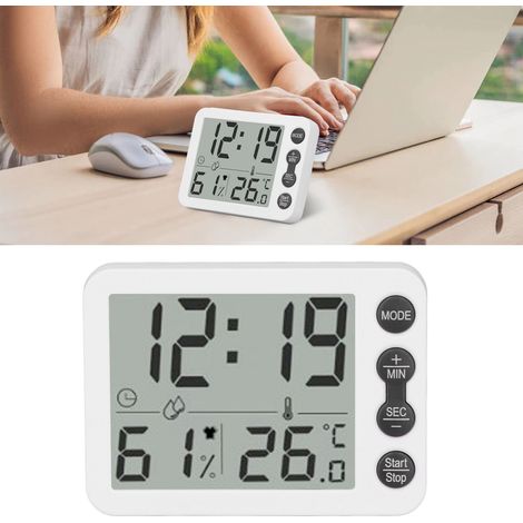 Thermomètre et hygromètre d'intérieur multifonctionnel avec grand écran numérique, horloge originale, réveil, minuteur, boîtier blanc et touches noires. (1/5)