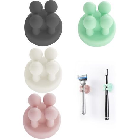 Lot de 4 Supports de Brosse à Dents en Silicone Multifonction,Étanche,Auto-adhésif,pour Suspendre la Salle de Bain (Noir, Blanc, Rose, Vert) (1/5)