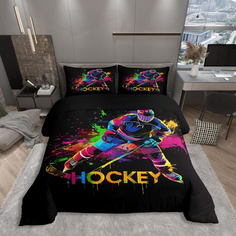 Parure de lit en microfibre avec housse de couette 135 x 200 cm, motif hockey, couleurs néon, graffiti, décoration d'intérieur, silhouette de joueur (1/5)
