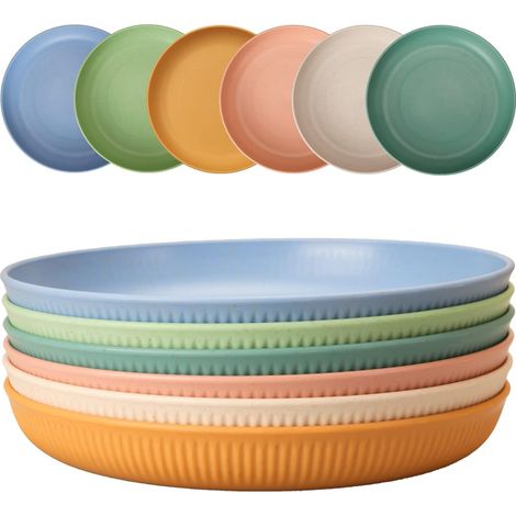 Lot de 6 Assiettes, Assiettes creuses en plastique, 22,5cm, Anti-dérapantes, Micro-ondes, Camping